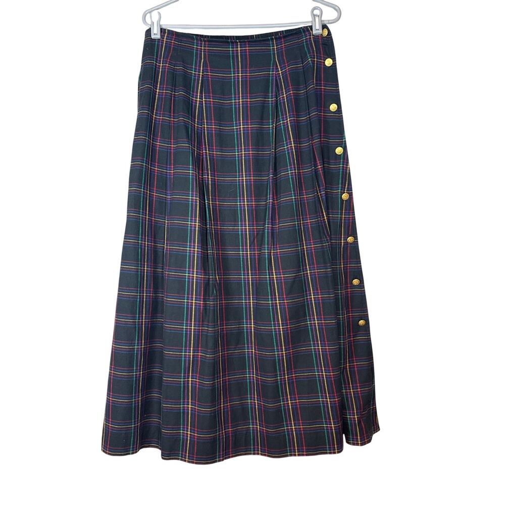 Vintage Plaid Talbots Midi Skirt Gold Buttons Black Dark Academia Womens 12